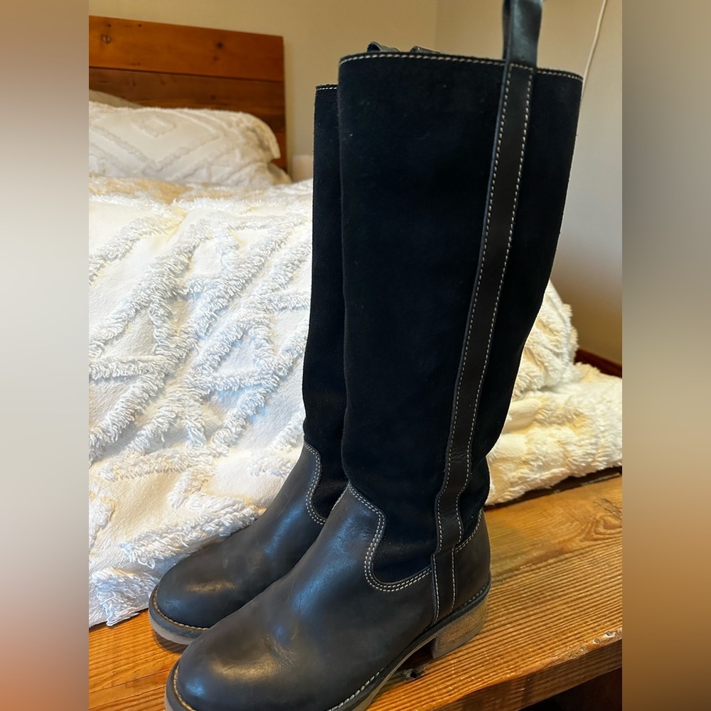 Black leather and suede tall boots